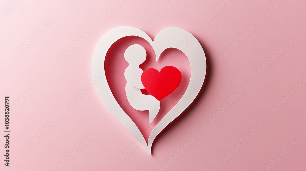 A paper cut-out of a human embryo with a red heart sits on a pink background, symbolizing life and care. A paper cut-out of a human embryo with a red heart sits on a pink background, symbolizing life and care.
