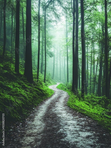 A winding dirt path through a misty forest of tall trees, creating an atmospheric and enchanting scene with lush green undergrowth