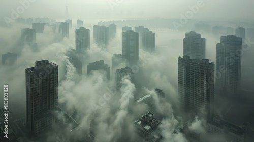 An urban landscape filled with smog and pollution, showcasing the damaging effects of climate change on cities