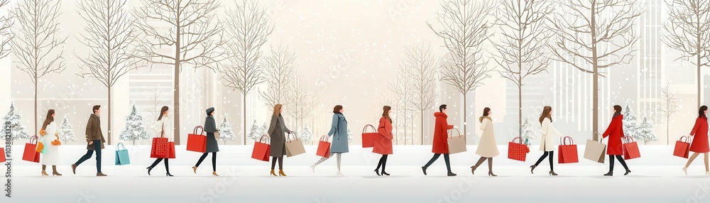 Festive holiday shopping bags overflowing with gifts, people walking through decorated streets, flat design illustration Festive holiday shopping bags overflowing with gifts, people walking through decorated streets, flat design illustration