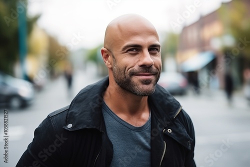 Portrait of a handsome middle-aged man with a beard on a city street