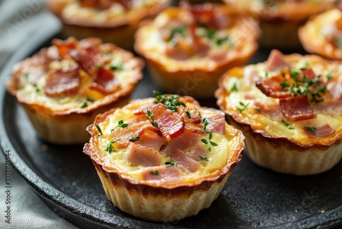 Bite sized ham and cheese quiches garnished with crunchy bacon perfect for Easter brunch or breakfast photo