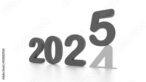 2025 new year, happy new year 2025, 3d illustration of 2025 grey 3d text turning year from 2021 to 2022. white background with empty space for text