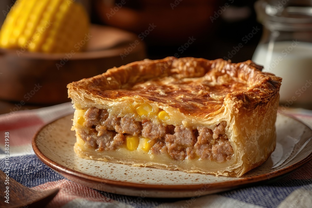 Blend a slice of sausage pie a classic Brazilian recipe with milk wheat oil sausage and corn on a checkered tablecloth Front perspective Blend a slice of sausage pie a classic Brazilian recipe with milk wheat oil sausage and corn on a checkered tablecloth Front perspective