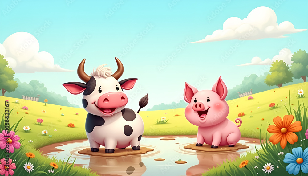Cute cartoon cow and pig playing in puddles on a sunny day Cute cartoon cow and pig playing in puddles on a sunny day