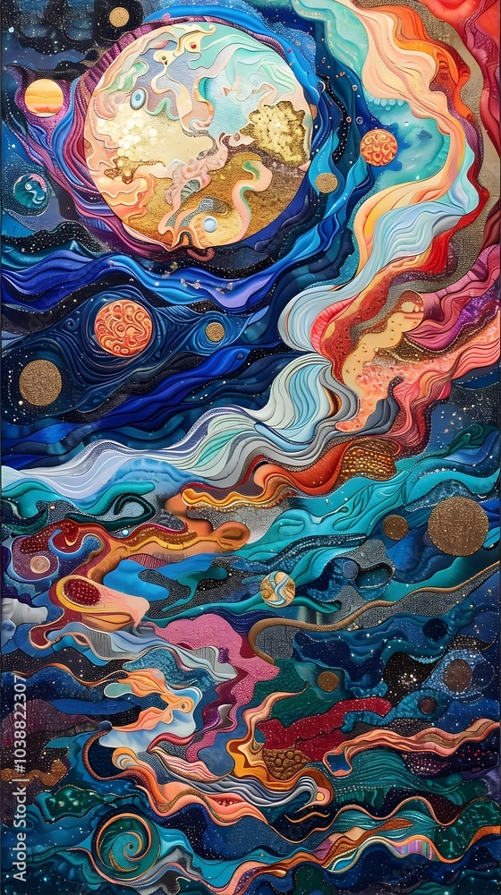 Retro 1970s Inspired Cosmic Landscape with Vibrant Planets and Twinkling Stars Retro 1970s Inspired Cosmic Landscape with Vibrant Planets and Twinkling Stars