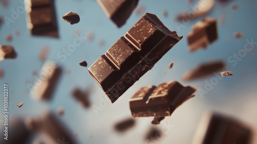 Broken chocolate bar floating composition background photo