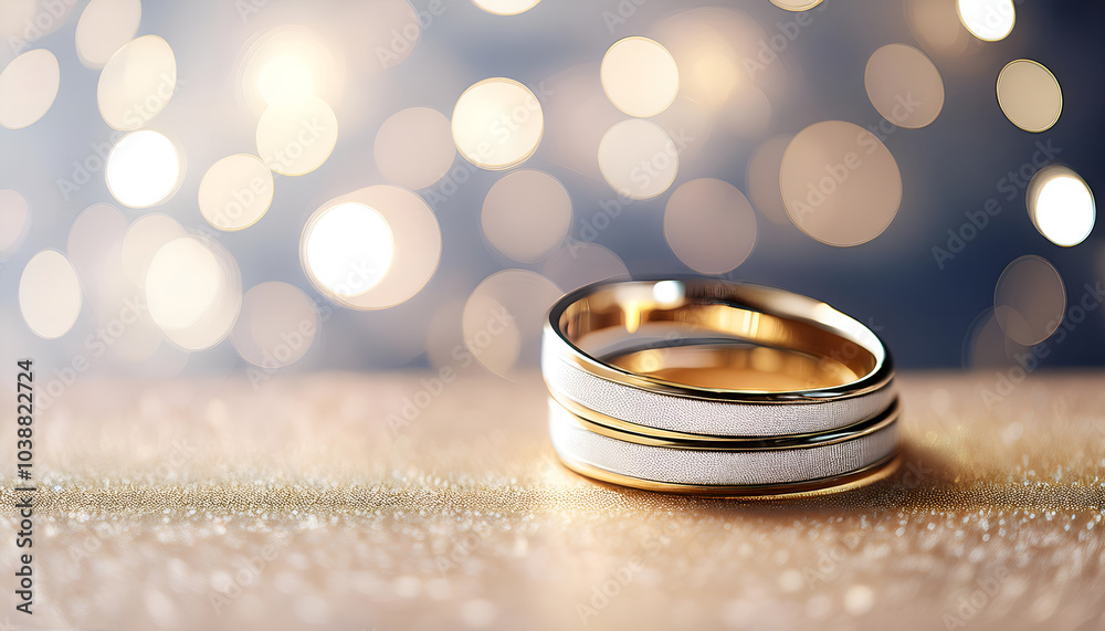 Close-up of elegant gold wedding rings on a shimmering surface with a beautiful bokeh background, symbolizing love and commitment. Perfect for wedding and romance themes.