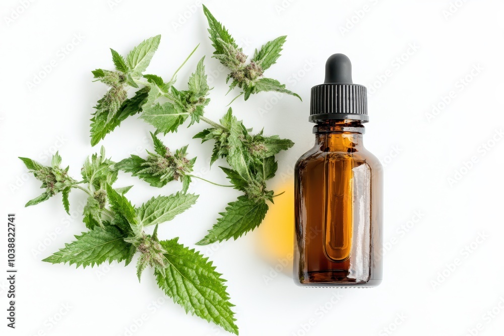 Bottle of nettle oil and nettles on white backdrop