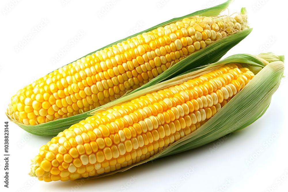 Two Ears of Vibrant Yellow Corn on White Background Two Ears of Vibrant Yellow Corn on White Background