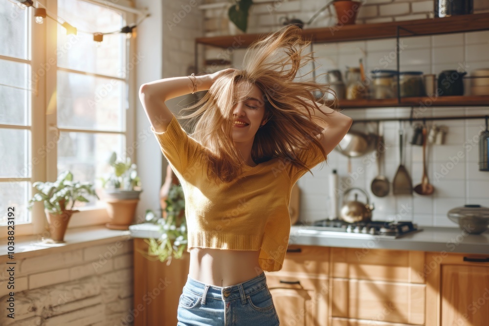 Happy young woman dancing in a sunny kitchen, enjoying her carefree moment while embracing the joy of the day Happy young woman dancing in a sunny kitchen, enjoying her carefree moment while embracing the joy of the day