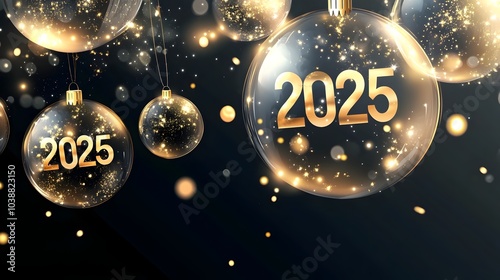 Vibrant 2025 Holiday Christmas Light Banner with Gold Numbers and Transparent Balls