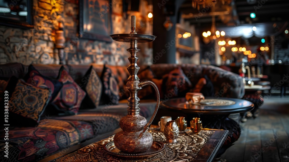 Luxurious Hookah Lounge Interior with Ornate Decor and Cozy Atmosphere. Concept of Relaxation, Social Gathering, Exotic Ambiance, and Cultural Elegance Luxurious Hookah Lounge Interior with Ornate Decor and Cozy Atmosphere. Concept of Relaxation, Social Gathering, Exotic Ambiance, and Cultural Elegance