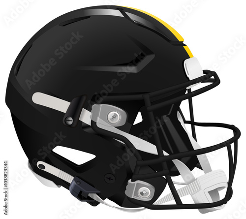 Realistic black 3D helmet for American Football with yellow stripe. Black mask and chin strap