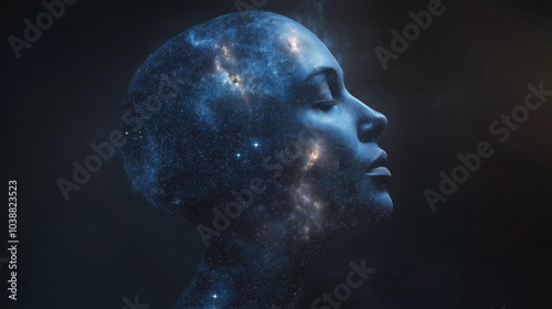 A human head filled with twinkling stars and galaxies, representing the vastness of the universe. The cosmic elements glow against a dark night sky, creating a sense of wonder and