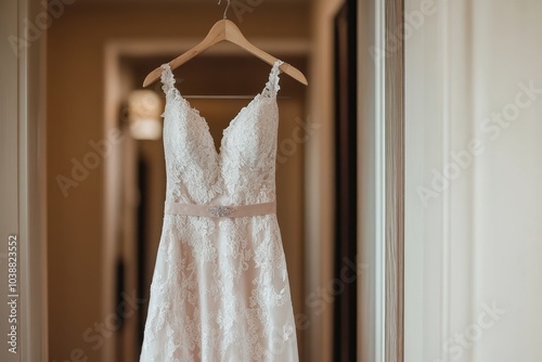 Bridal gown draped on a door hanger in a hotel room as preparations unfold on the wedding morning featuring the dress belt photo