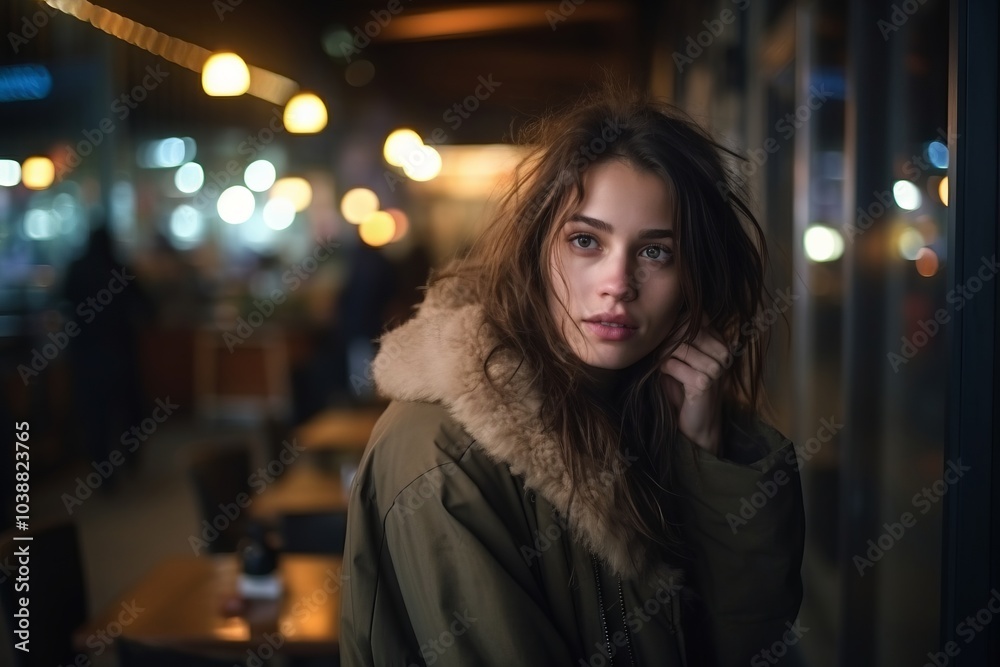 Portrait of young beautiful woman in the city at night with lights Portrait of young beautiful woman in the city at night with lights