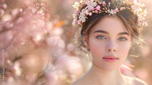 Young Tender Caucasian woman with pink flower wreath in a blossoming garden. Concept of natural beauty, spring serenity, floral fashion, outdoor elegance, youth, innocence, and freshness. Copy space