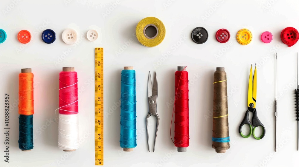 Sewing accessories neatly arranged on white background with colorful buttons, threads, scissors, and measuring tape. Concept of tailoring, craftwork, design, DIY Projects, and sewing tools. Top view Sewing accessories neatly arranged on white background with colorful buttons, threads, scissors, and measuring tape. Concept of tailoring, craftwork, design, DIY Projects, and sewing tools. Top view