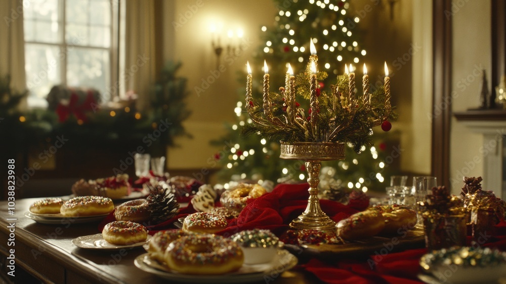 Festive hanukkah celebration with menorah and holiday treats in warm decor
