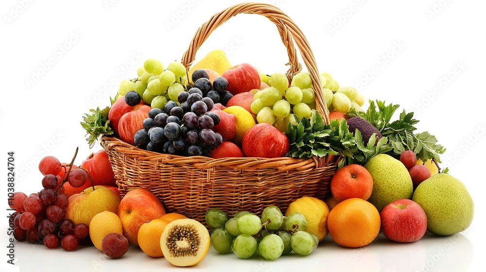 A vibrant basket overflowing with a variety of colorful fruits, including grapes, apples, and oranges, set against a clean, white background. A vibrant basket overflowing with a variety of colorful fruits, including grapes, apples, and oranges, set against a clean, white background.