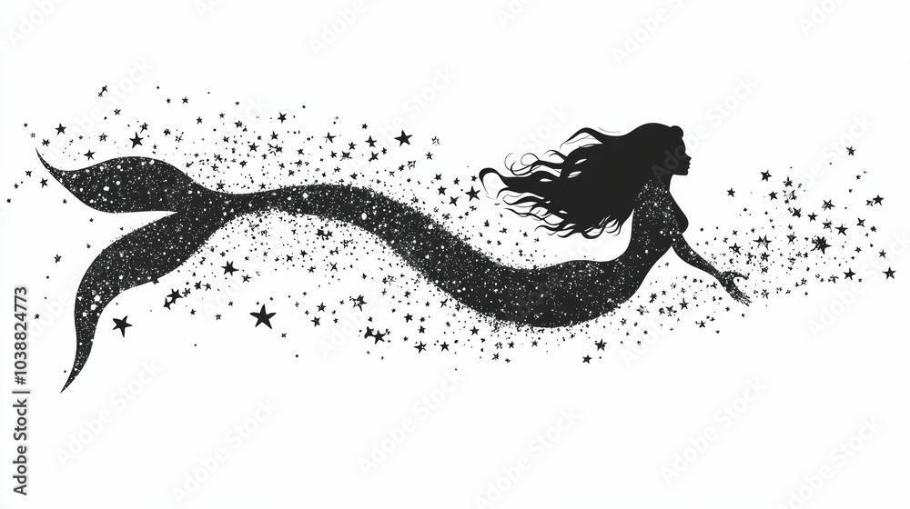 Illustration for a mermaid swimming through a sea of stars