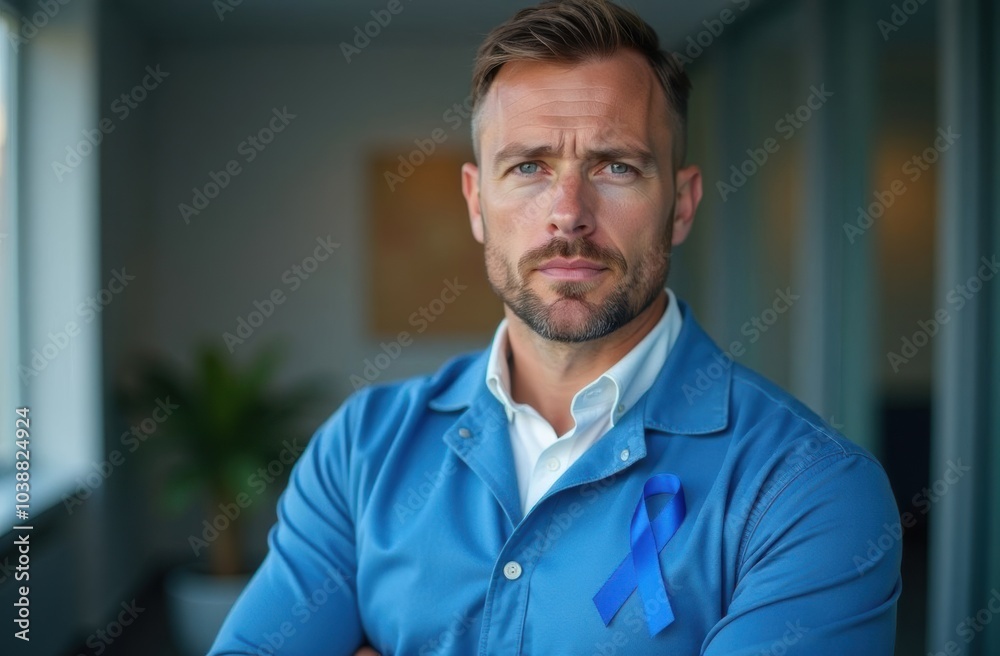 Naklejka premium Prostate Cancer Awareness – Determined Man Wearing Blue Ribbon, Serious Expression, Health and Early Detection Focus with Blurred Background