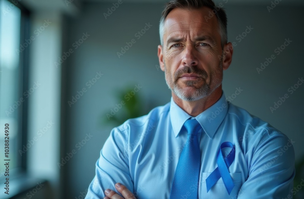 Prostate Cancer Awareness – Determined Man Wearing Blue Ribbon, Serious Expression, Health and Early Detection Focus with Blurred Background Prostate Cancer Awareness – Determined Man Wearing Blue Ribbon, Serious Expression, Health and Early Detection Focus with Blurred Background