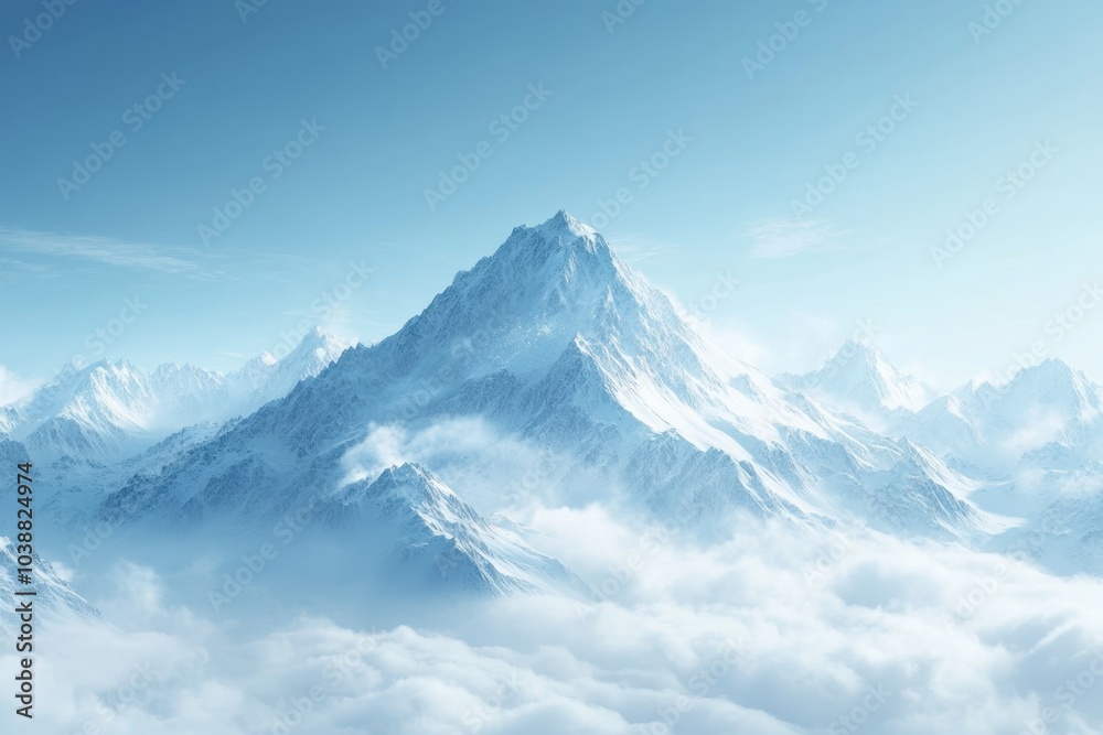 Majestic snow-capped mountains rise above clouds in serene blue sky Majestic snow-capped mountains rise above clouds in serene blue sky