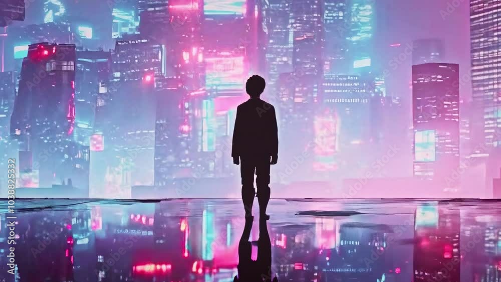 Silhouette of a boy in front of the futuristic city