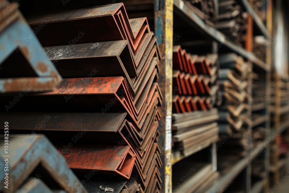 Bundles of angle iron stored on warehouse shelves Packed equal angle steel and metal profile corners Bundles of angle iron stored on warehouse shelves Packed equal angle steel and metal profile corners