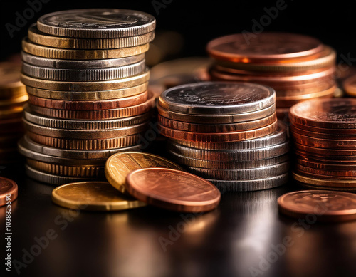 Monedas apiladas en montones aisladas en fondo negro