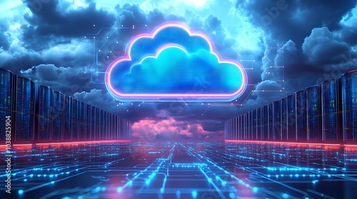 Futuristic Cloud Computing Network Servers. Digital illustration of cloud computing infrastructure with vibrant blue neon lights and futuristic data servers.