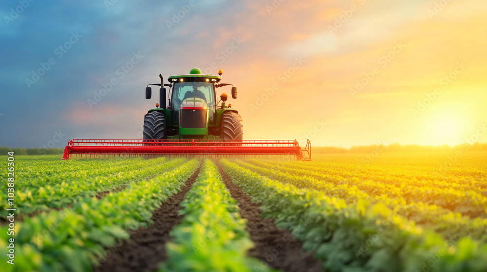 A tractor cultivating a vibrant green field during sunset in a rural farming landscape A tractor cultivating a vibrant green field during sunset in a rural farming landscape