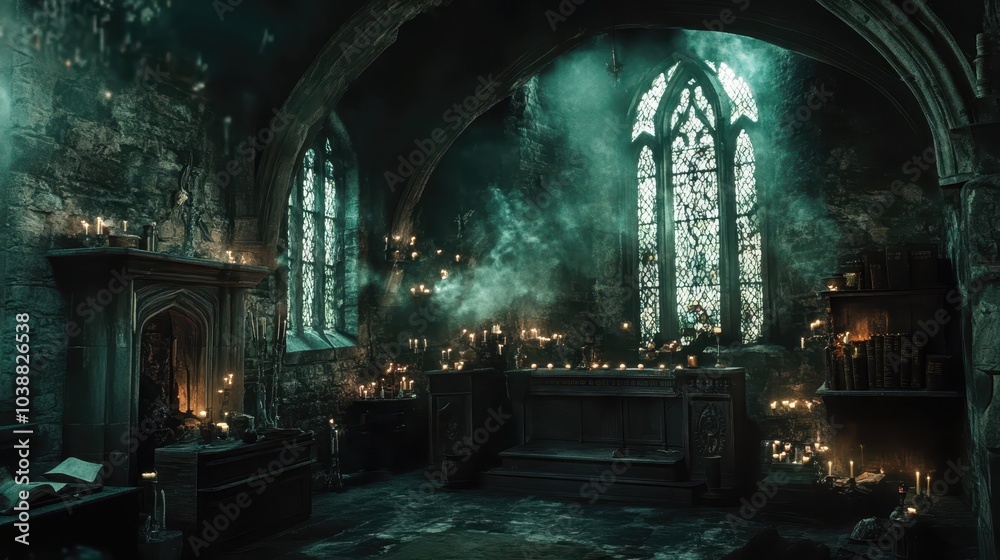 Fototapeta premium A coven of witches gathered inside an old stone chapel, casting a spell under the flickering light of candles, surrounded by spellbooks, potions, and mysterious relics, with the air thick with magic 
