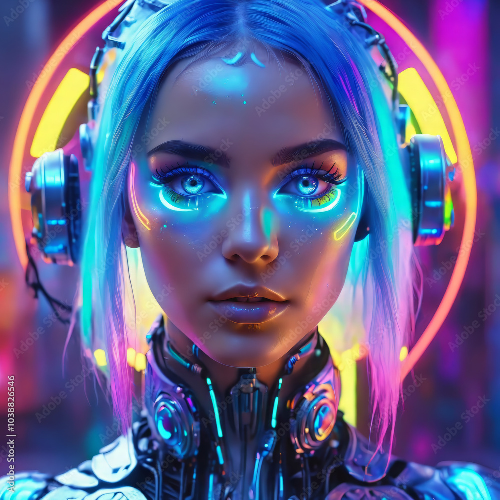 Fototapeta premium blue haired neon rainbow colourful cyborg woman looking at camera with glowing blue eyes, iridescent mist, fluorescent neon lights glowing, chromatic epic illumination, science fiction, fantasy