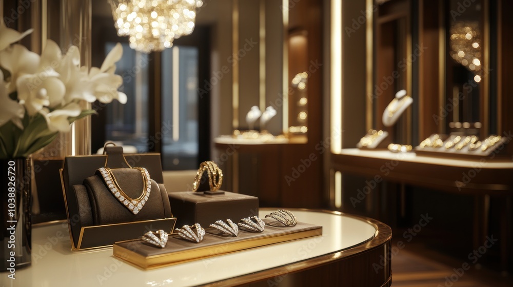 Fototapeta premium Elegant jewelry display in a luxurious store setting with soft lighting and decorative elements.