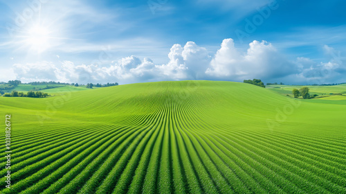 Lush green hills with vibrant rows of crops under a bright blue sky on a sunny day