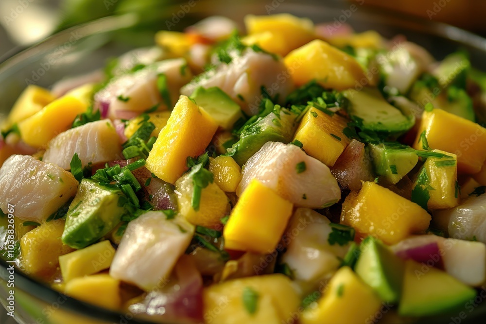 Ceviche of croaker fish with mango avocado chives and citrus Refreshing seafood delicacy Ceviche of croaker fish with mango avocado chives and citrus Refreshing seafood delicacy