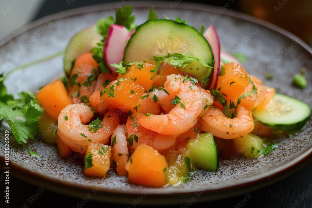 Ceviche of shrimp and salmon with melon