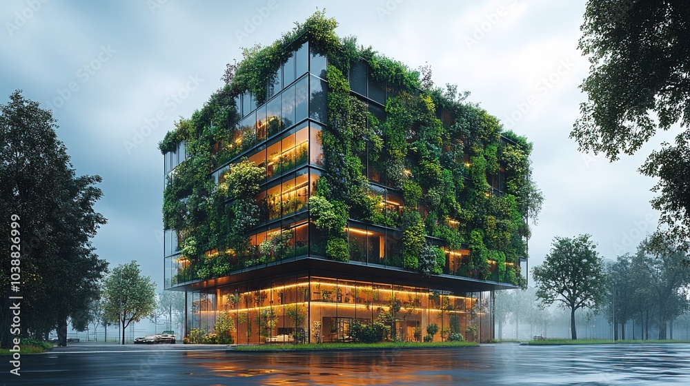 Obraz premium Sustainable green building practices in architectural blueprints