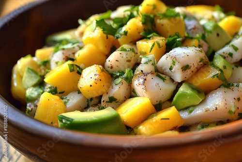 Ceviche of croaker fish with mango avocado chives and citrus a vibrant seafood dish