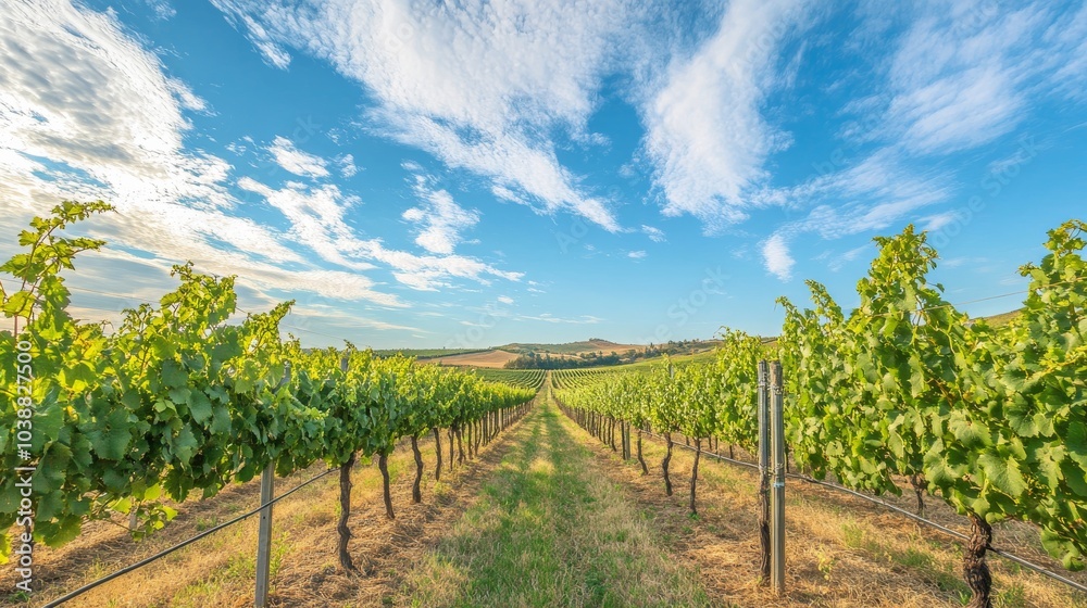 Obraz premium An expansive vineyard with rows of grapevines stretching under a blue sky, Harvesting tools and crates ready for grape picking, Winemaking tradition style