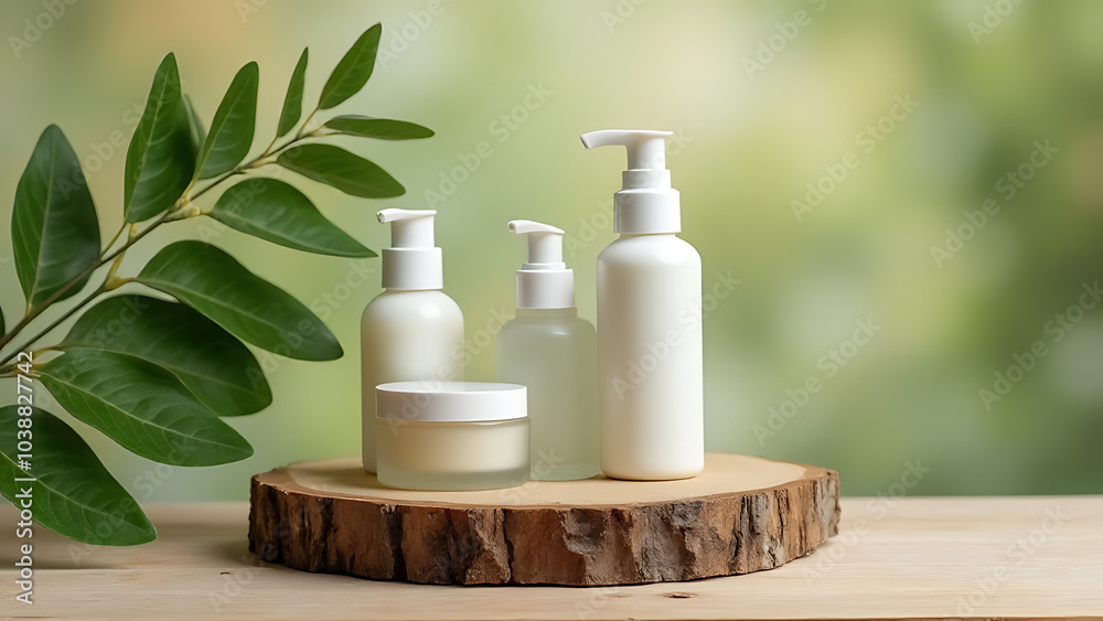 Wooden podium displays natural eco cosmetics beside a green tree branch for face and body care products. Wooden podium displays natural eco cosmetics beside a green tree branch for face and body care products.