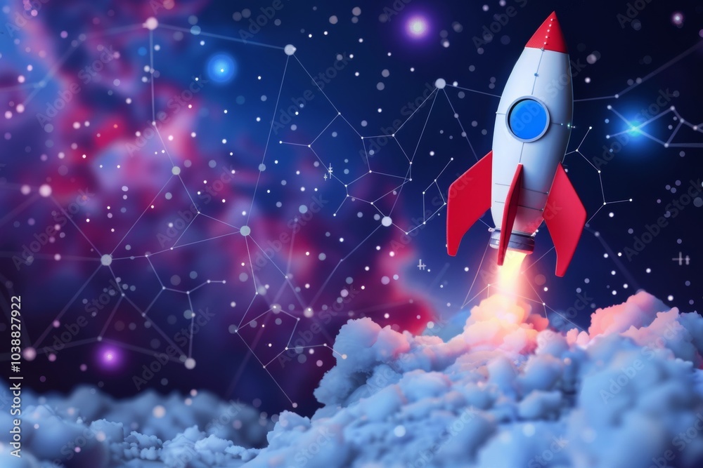 Futuristic rocket launching from a radiant digital landscape symbolizes innovation and exploration