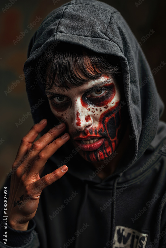 Haunting portrait of person in black hoodie with intense red and white skull-like Halloween makeup, creating eerie and dramatic effect Haunting portrait of person in black hoodie with intense red and white skull-like Halloween makeup, creating eerie and dramatic effect