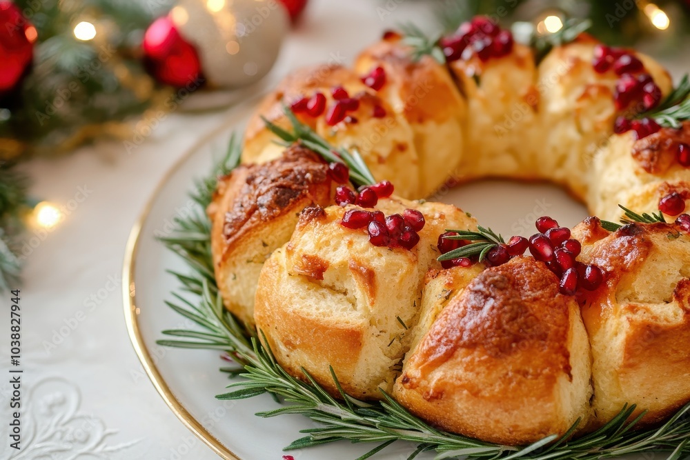 Cheesy bread wreath with rosemary and pomegranate Holiday monkey bread