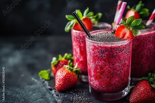 Chia seed infused strawberry smoothies Focused shot photo