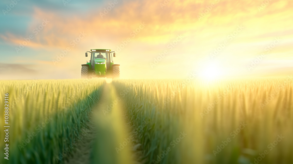Fototapeta premium Green tractor working in a sunlit field at dawn, creating trails in the lush crops