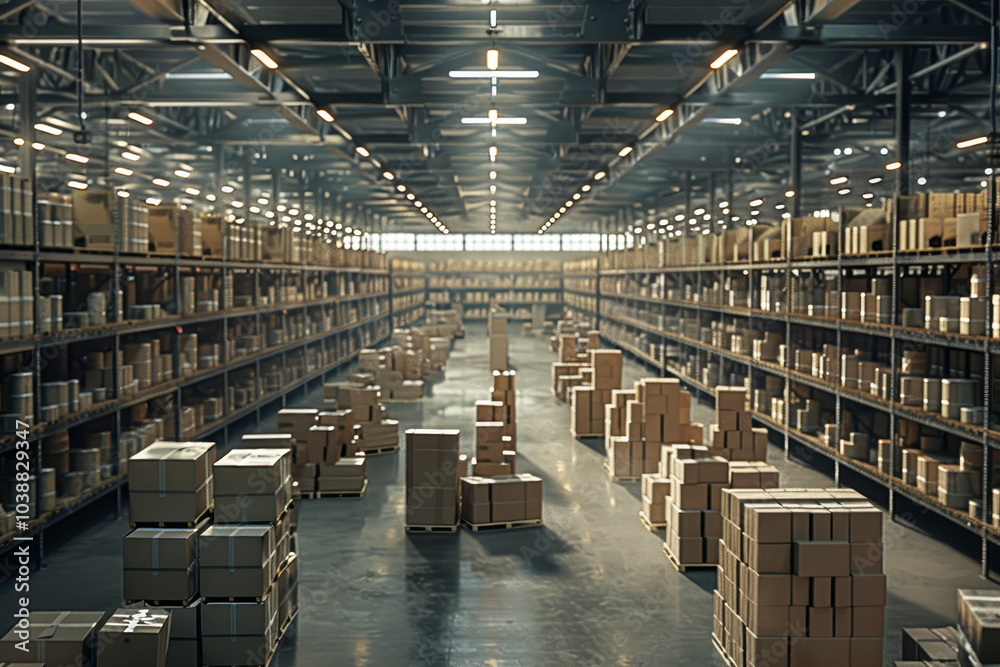 A large warehouse with many boxes stacked on shelves A large warehouse with many boxes stacked on shelves